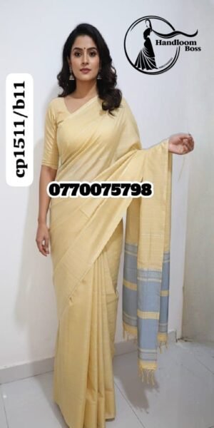 Best Butter & Mid Blue Handloom Cotton Saree cp1511/b11